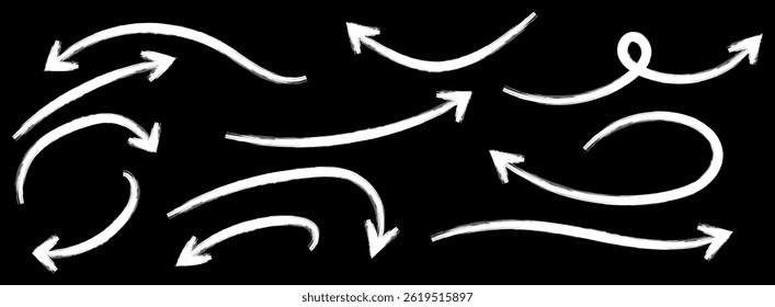Hand-drawn thin line arrows set. Arrow icon. Doodle arrow. Collection of different arrow signs. Many vector curvy and wavy arrows. White hand-drawn doodle arrow set.
