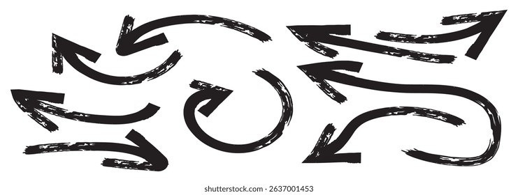 Hand-drawn thin line arrows set. Arrow icon. Doodle arrow. Collection of different arrow signs. Many vector curvy and wavy arrows. White hand-drawn doodle arrow set