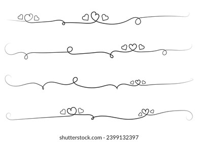hand-drawn thin line heart swirl ornate, wavy line decorative hearts, calligraphy heart swirl Flourish ornament, outline doodle love Valentine Day design elements, continuous line swirl hearts

