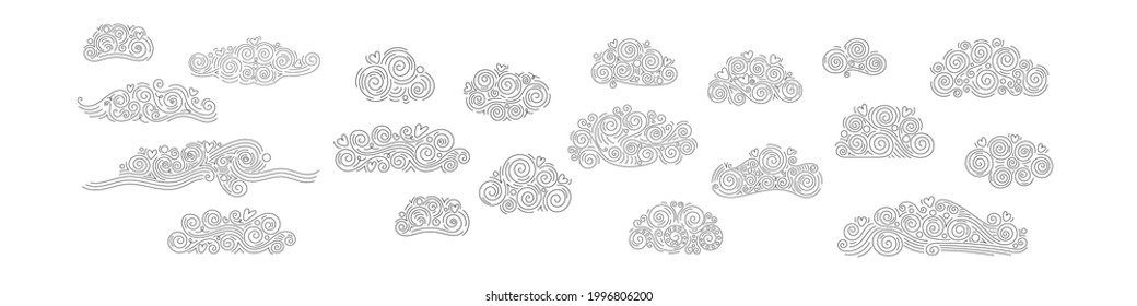 Hand-drawn thin lines of clouds. Original spiral patterns of smooth thin lines. Isolated elements on a white background in big set. Vector illustration.