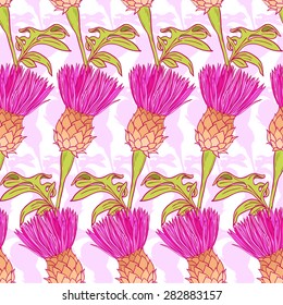 Hand-drawn thistle flower pattern. Floral nature seamless background.