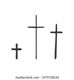 Hand-drawn three Christian crosses isolated on a white background. Religion and Christianity. Christian symbols. Vector illustration