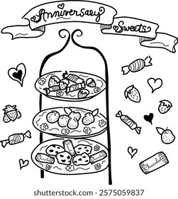 Hand-drawn three tier plate of sweets vector doodle. Strawberries, oranges, candies, and cookies. Celebrating love and commitment with sweets.