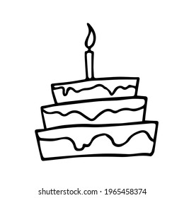 A hand-drawn three-tiered cake with cream and a candle on top.