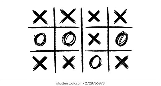 Un tablero de juego de Tic Tac Toe dibujado a mano con X ganadores, O dispersos, sobre un fondo blanco
