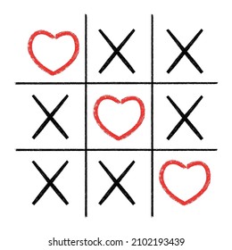 Hand-drawn tic tac toe heart game vector illustration. Valentine's Day card. Tic-tac-toe game with hearts Valentine's Day on transparent background.