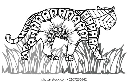 Hand-drawn tiger with ethnic floral doodle pattern. Coloring page - zendala, design for spiritual relaxation for adults, vector illustration, isolated on a white background. Zen doodles.