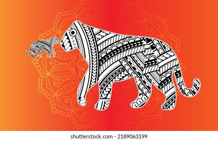 Hand-drawn tiger with ethnic floral doodle pattern. Coloring page - zendala, design for spiritual relaxation for adults, vector illustration, isolated on a white background. Zen doodles.