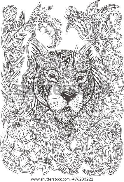Handdrawn Tiger Ethnic Floral Doodle Pattern Stock Vector (Royalty Free