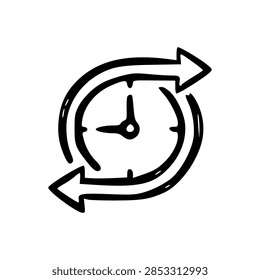 hand-drawn time tracking clock with refresh arrow icon sketch illustration