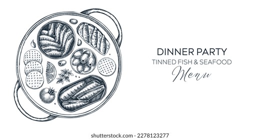 Hand-drawn tinned fish platter design. Sardines, anchovy, mackerel, tuna, and mussels in tin cans in sketch style. Seafood restaurant background or finger food party banner with food illustrations