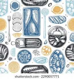 Hand-drawn tinned fish seamless pattern. Seafood background in color. Sardines, anchovy, mackerel, tuna, mussels in tin cans, fish canapes, olives, crackers sketches. For packaging, print, textile