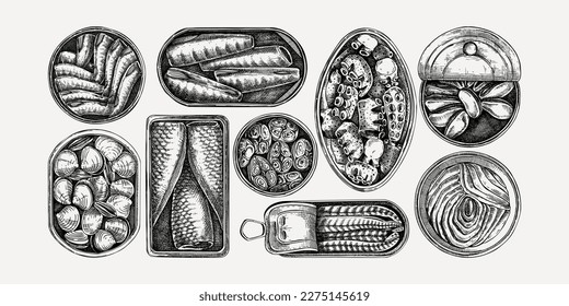 Hand-drawn tinned fish and shellfish illustrations collection. Sardines, anchovy, mackerel, tuna, and mussels in tin cans sketches set in engraved style. Vintage seafood platter vector drawings