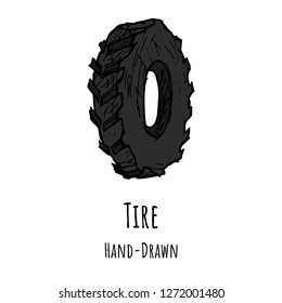 Hand-drawn tire. Isolated object on a white background. Vector cartoon illustration.