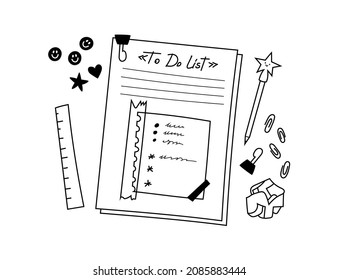 A hand-drawn to-do list and checklist page. Doodle sheets with notes, a fun pen, paper clips, a ruler and assorted stickers. Crumpled sheet of paper. Vector illustration isolated.