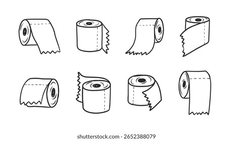 Papel higiênico desenhado à mão e rolos de tecido com bordas rasgadas
