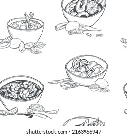 Hand-drawn  tom yam soup, thai cuisine. Vector  seamless pattern.  