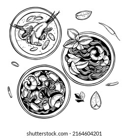 Hand-drawn  tom yam soup, thai cuisine. Vector sketch  illustration.