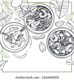 Hand-drawn  tom yam soup, thai cuisine. Vector background. Sketch  illustration.