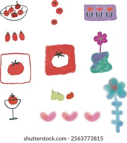 The hand-drawn tomato illustration is the main axis, decorated with other flowers and small objects, and can be used as a weekly illustration for health magazines.