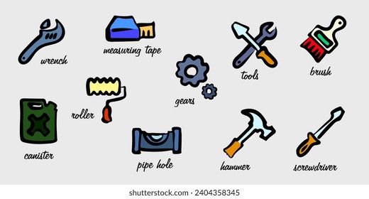 Hand-drawn tool icons. Freehand symbols of repair. Educational poster with the names