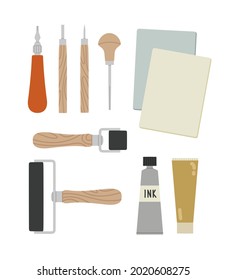 Hand-drawn tools for lino cutting or lino printing. Cutters, print inks, rollers, and lino blocks. Vector illustration of art supplies, isolated on white. Concept of art hobbies, art courses.