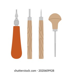 Hand-drawn tools for lino cutting or lino printing. Lino cutters. Vector illustration of art supplies, isolated on white. Concept of art hobbies, art courses.