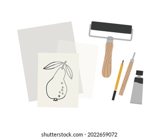 Hand-drawn tools for lino cutting or lino printing. Cutter, print ink, roller, lino block, paper with sketch, tracing paper, pencil. Vector illustration of art supplies, isolated on white. 