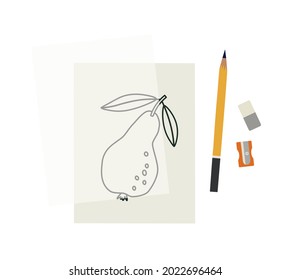 Hand-drawn tools for lino cutting. The process of transferring a sketch to tracing paper. Paper with a sketch, tracing paper, pencil, pencil sharpener, eraser. Vector illustration of art supplies.