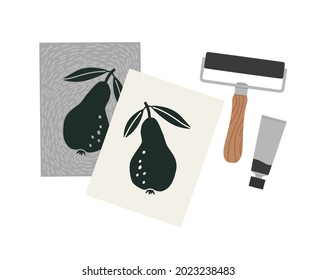 Hand-drawn tools for lino cutting. The process of transferring a picture from lino block to paper. Lino block, roller, lino ink. Vector illustration of art supplies.