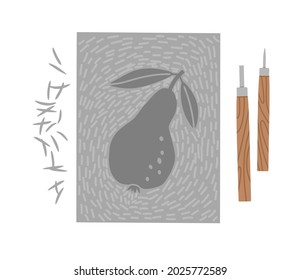 Hand-drawn tools for lino cutting. The process of cutting a sketch from lino block. Tracing paper with a sketch, pencil, eraser, lino cutter. Vector illustration of art supplies.