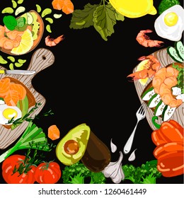 Hand-drawn top view frame with healthy food. Various toasts with avocado and shrimps, red fish and eggs, vegetables and spices, on a dark background, copy space, Vector graphics eps 10