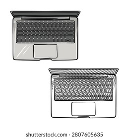 Hand-drawn top view vector illustration of open laptops featuring a detailed keyboard and trackpad layout. This clean monochrome sketch is ideal for workspace designs, business blogs, and technology infographics.