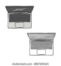 Hand-drawn top-down vector illustration of open laptops with detailed keyboard and touchpad layouts. This clean monochrome sketch is perfect for business workspace designs, tech blogs, and educational infographics.