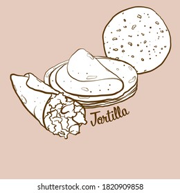 Hand-drawn Tortilla bread illustration. Flatbread, usually known in Mexico. Vector drawing series.