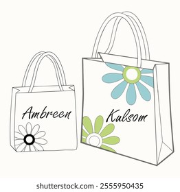 Hand-Drawn Tote Bags With Daisy Design and Personal Names