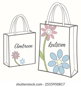 Hand-Drawn Tote Bags With Daisy Design and Personal Names