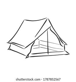 Hand-drawn tourist tent. Sketch tents in pencil. An open tent and entrance tied to a stick. Vector eps illustration.