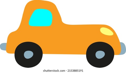 Hand-drawn toy car for kids icons, cartoon logos, concept symbols, kindergarten design. Nice orange vehicle side view. Childish picture for little boys. Vector colored doodle illustration. City image.