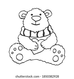 Hand-drawn toy Teddy bear with a heart. Vector illustration isolated on white background.