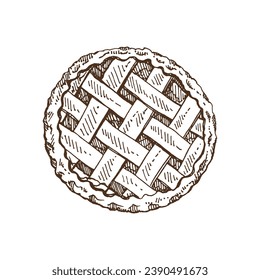 Hand-drawn traditional apple pie sketch. Vector illustration of baking. Homemade cake, bakery. Top view food for recipes, restaurant or cafe menu. Traditional food for Thanksgiving, Christmas