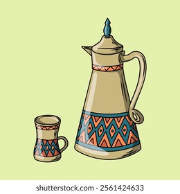 Hand-Drawn Traditional Arabian Coffee Pot and Cup