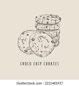 Hand-drawn Traditional Chocolate Chip Cookies. Cookie Crumbs. Doodle Vector Illustration.