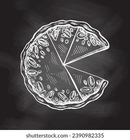 Hand-drawn traditional pumpkin pie with pecan nuts sketch on chalkboard background. Vector illustration. Top view food for recipes, restaurant or cafe menu. Food for Thanksgiving, Christmas