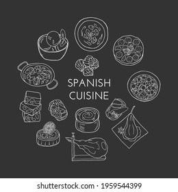 Hand-drawn traditional Spanish cuisine dish and desserts set. Design sketch element for menu cafe, bistro, restaurant, bakery and packaging.  Vector illustration on a black background.