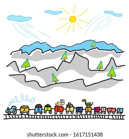 A hand-drawn train moves in the mountains. Doodle style.