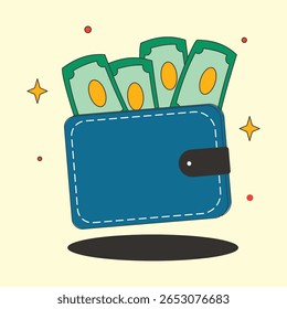 Carteira de viagem desenhada à mão com ilustração de dinheiro. Vetor plano da carteira cheia de dinheiro. Projeto de esboço da bolsa de dinheiro do turista.