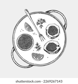 Hand-drawn tray with canned caviar, black caviar canape, lemons and spices illustrations. Finger food sketches set. Seafood delicacy drawings in sketched style isolated on white backgound