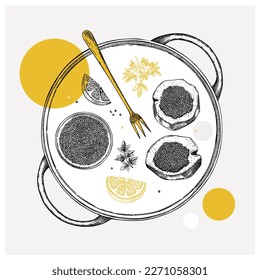 Hand-drawn tray with canned caviar, black caviar canape, lemons, and spices illustrations. Finger food party sketches set. Seafood delicacy drawings in collage style for  restaurant menu design