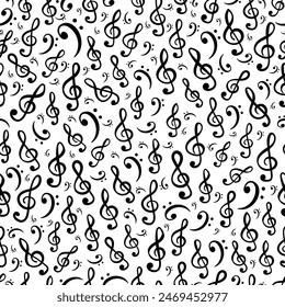 Hand-drawn treble and bass clef musical symbols arranged in vector seamless pattern. Surface art texture in black and white for use in fabric or graphic design or printing on various surfaces.